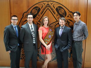 L to R: Dr Todd Alec, Nak’azdli Nation, Family Practice in Prince George; Dr Nathan Teegee, Takla Lake Nation, Dermatology in Vancouver; Dr Lara Des Roches, Metis Nation, Sabbatical Masters in Ethics; Dr Geoffrey Johnson, Metis Nation, Obstetrics & Gynecology in Victoria; Dr David Shepherd, Cree Nation, Family Practice in Prince George. 
Missing: Dr Michael Bergunder, Metis Nation, Family Practice in Red Deer; Dr Travis Thompson, Metis Nation, Family Practice in Penticton; Dr Patricia Caddy, Winnebago Sioux, Family Practice in Nanaimo.